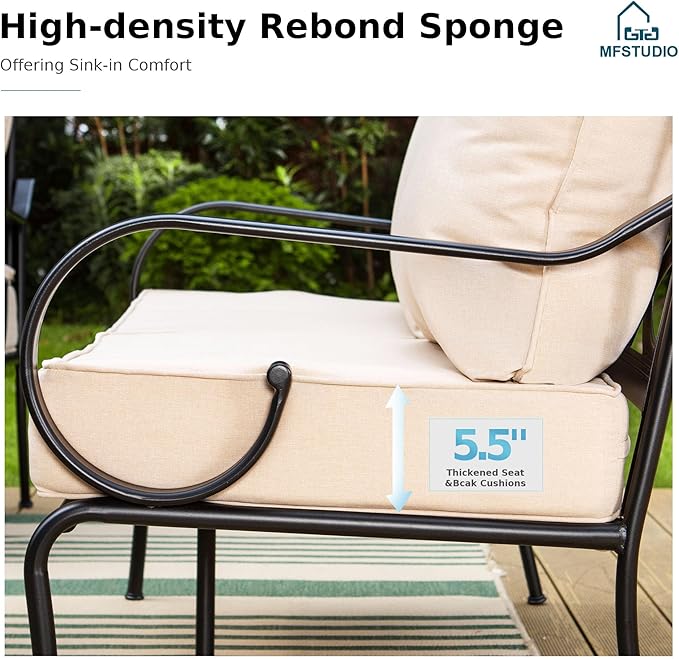 MFSTUDIO 5 Seats Large Metal Patio Conversation Sets, 4 Pieces Outdoor Sectional Furniture Sofa with 2 x Fixed Chairs, 1 x 3-seat Sofa and 1 x 45 inches Rectangular Propane Fire Pit Table