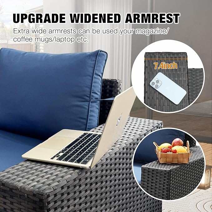 8 Pieces Patio Furniture Set All-Weather Outdoor Wicker Sectional Conversation Sofa Rattan Patio Seating Sofa with Cushion and Glass Table for Porch Poolside,Navy