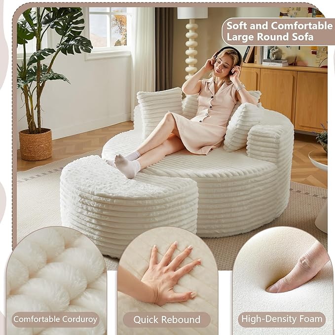 74.6" Oversized Round Chaise Lounge Chair with Ottoman Indoor, Fluffy Upholstered Corduroy Deep Seat Large Boneless Circle Couch Sofa Chairs for Living Room, Bedroom, No Assembly Required, White