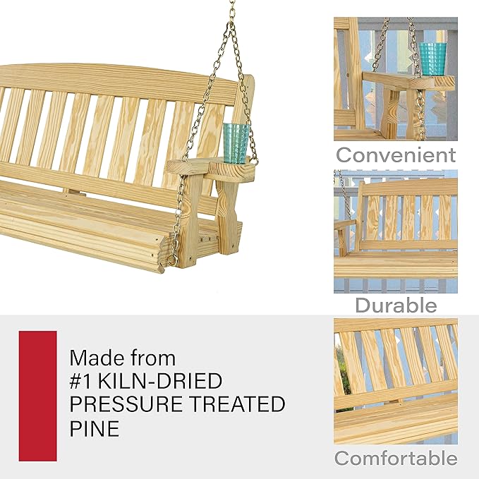 Amish Casual Heavy Duty 800 Lb Mission Treated Porch Swing with Hanging Chains and Cupholders (4 Foot, Unfinished)