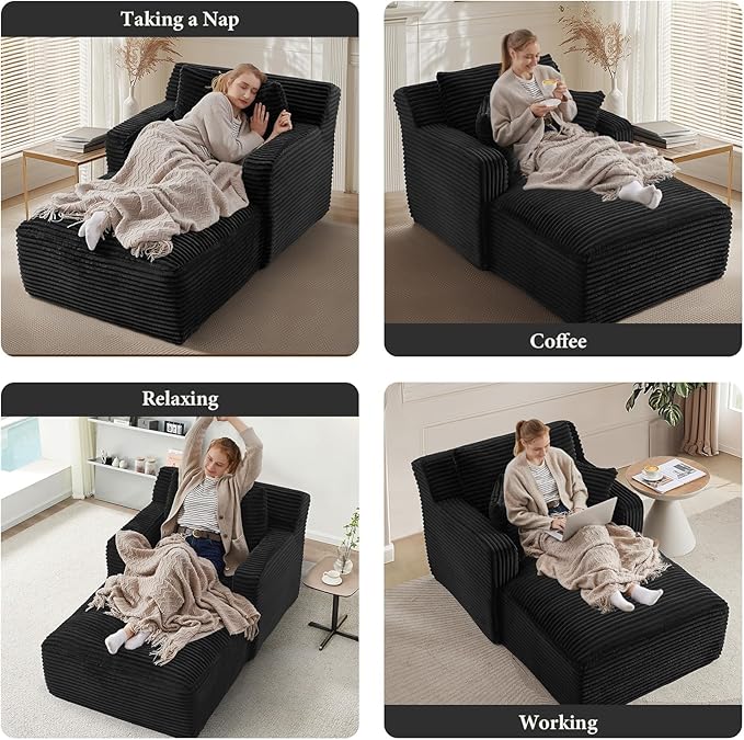 65.4" Chaise Lounge Chair Indoor, Oversized Boneless Couch Comfy Upholstered Sleeper Sofa Bed with 3 Pillows, Corduroy Cloud Reading Chair for Living Room No Assembly Required, Black