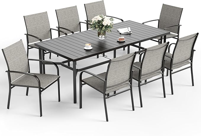 Patio Dining Set 9 PCS, 8 Stable Outdoor Dining Chairs with Rectangular Dining Table, Patio Table and Chairs Set for Lawn,Deck and Backyard