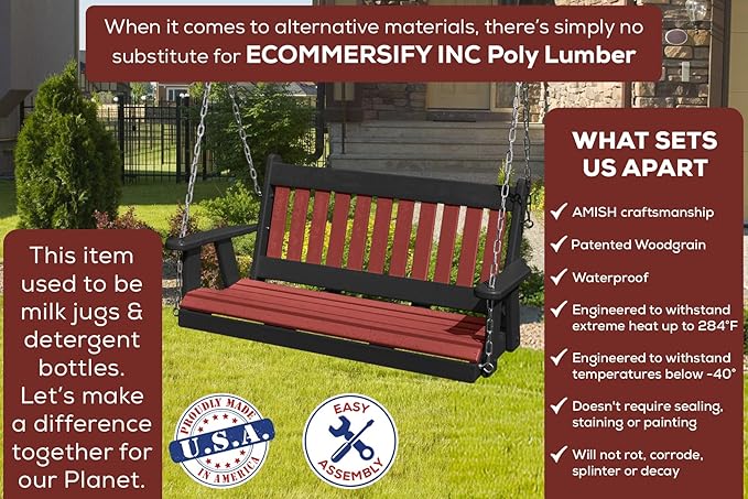 Poly Lumber Wood 4FT Mission Porch Swing Amish Craftsmandship Made in USA HDPE with No Wood fibers 1000 lbs Limit. Stainless Steel Hardware.Signature Design for Patio Outdoor Backyard Garden Park