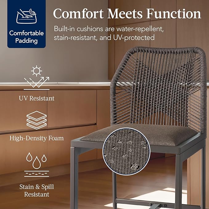 Best Choice Products Indoor Outdoor Counter Height Bar Stools Set of 2, Armless Kitchen Counter Stools w/Back and Footrest, Built-in Cushion, Aluminum Frame - Brown/Mocha