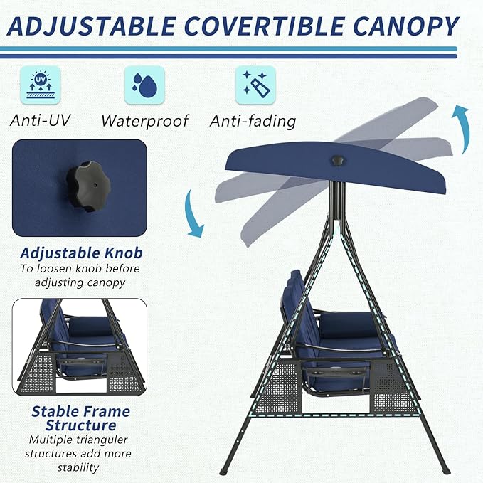 AECOJOY Outdoor Porch Swing with Cover, 3-Seat Patio Swings with Adjustable Canopy, Outside Swing for Adult with Dark Blue Removable Cushions for Backyard, Garden, Yard, Poolside, Balcony
