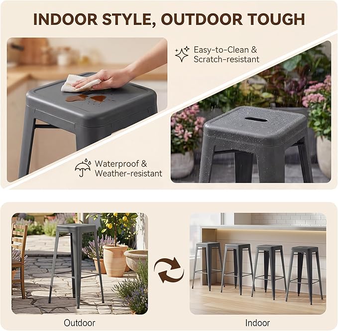 Shahoo 30 Inches Metal Bar Stools Counter Height Stackable Backless Stools, Industrial Patio Stools Indoor Outdoor Metal Kitchen Stools Set of 4 (Grey, 30'')