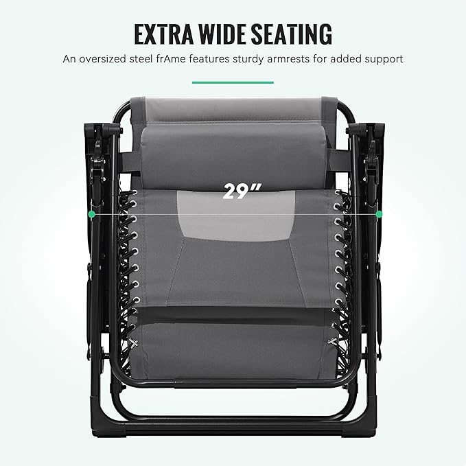 JEAREY Oversized Padded Zero Gravity Chairs, Folding Lounge Chair Outdoor Patio Recliner, Anti Gravity Chair for Backyard with Headrest, Cup Holder, Side Tray, Polyester Mesh - Gray/Light Gray