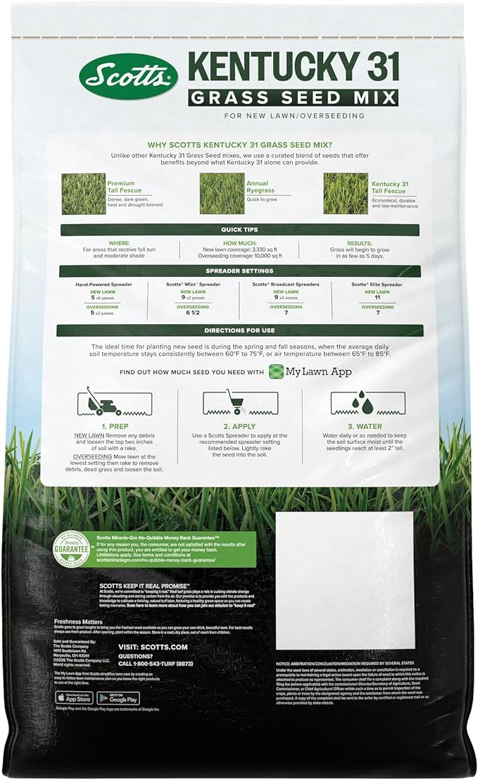 Scotts Kentucky 31 Grass Seed Mix - Premium Lawn Grass Seed, Covers Up to 10,000 sq. ft., 40 lb