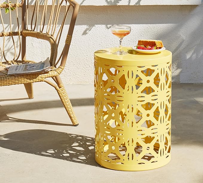HFHOME Set of 3 Metal Outdoor Side Table, Nesting Round Coffee Table for Indoor Outdoor, Heavy Duty End Tables Plant Stand Living Room Garden Stool - Yellow