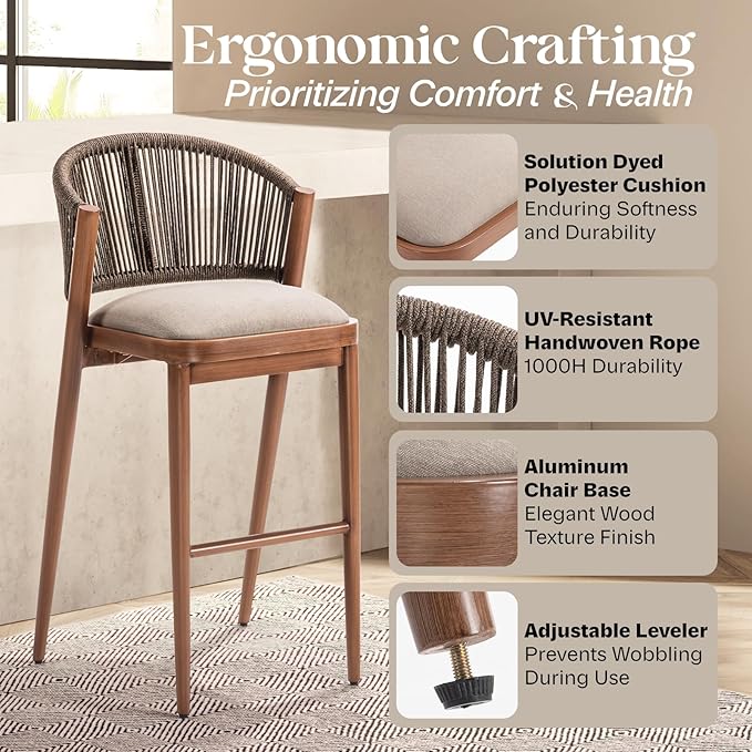 IDZO 400lbs Capacity Modern Rope Bar Stools Set of 2, 28 Inches Bar Height Stools with Comfortable Cushions, Aluminum Base and Ergonomic Curved Backrest, Easy Assembly for Indoor and Outdoor Use