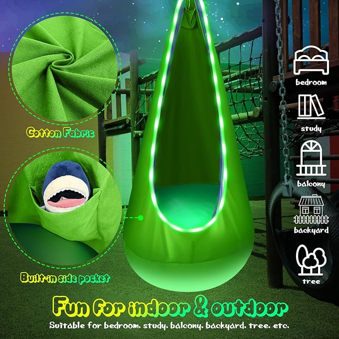 Light Up Kids Pod Swing Seat, Upgraded Kids Hanging Hammock Swing with LED Lights, Cotton Sensory Pod Swing Chair with Inflatable Pillow, Pod Swing for Kids Indoor & Outdoor (1 PCS) (Green)