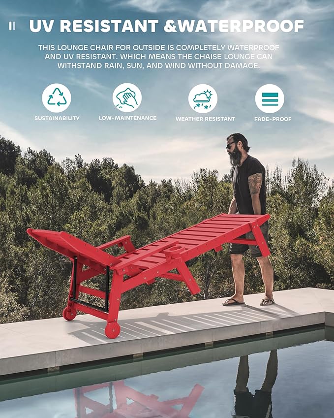 SERWALL Patio Chaise Lounge Chair, 78'' Long HDPE 5 Positions Adjustable Outdoor Lounger, Poly Lounge Chair with Rolling Wheels & Cup Holder for Pool, Bright Red