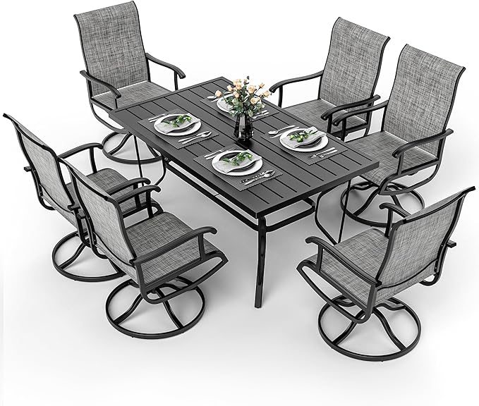 7-Piece Outdoor Dining Set, Patio Furniture Set with 2 Textilene Swivel Chairs & 4 Regular Chairs,Patio Dining Set with 1 Rectangular Table for Garden, Backyard, Poolside, Deck, Charcoal