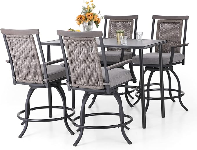PHI VILLA 5 PCS Outdoor Counter Height Table and Chairs,Swivel Outdoor Bar Chairs with Grey Cushion and Metal bar Table for All Weather,Patio High Dining Set for Indoor,Garden,Yard