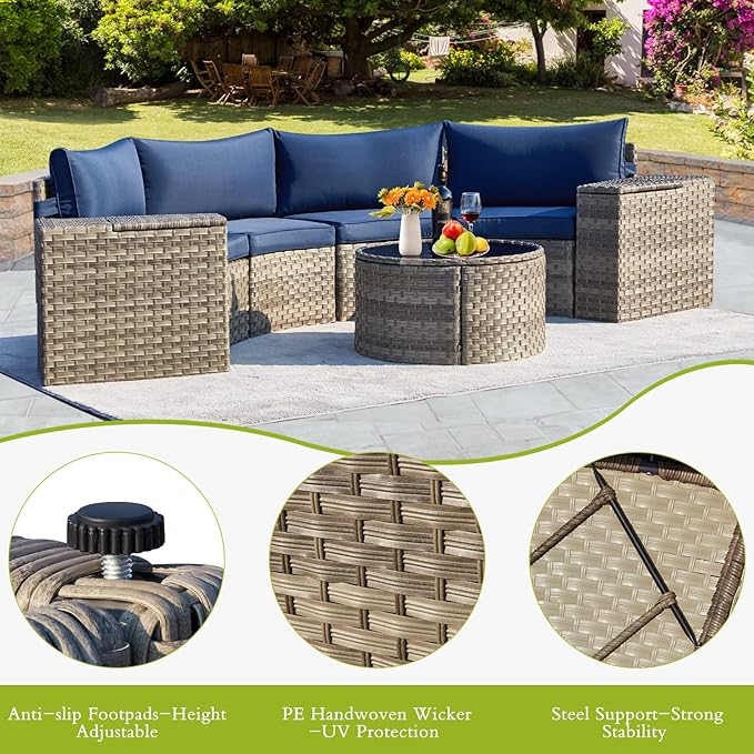 ECOTOUGE 9 Piece Outdoor Patio Half Moon Furniture, Patio Sectional Conversation Sofa Set with 30 Inch Propane Firepit Table Set for for Porch, Backyard and Garden (Blue)