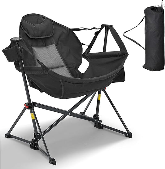 Ainfox Hammock Camping Chair, Foldable Portable Rocking Chairs for Adults Outside Swinging Camp with Cup Holder Pillow for Outdoor Patio Poolside (Black)