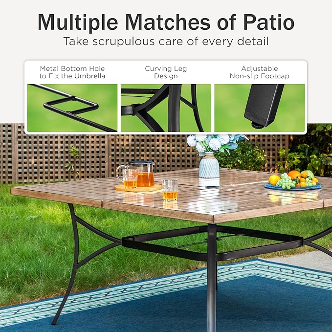 PHI VILLA 9 Pieces Outdoor Dining Set for 8, 60" Brown Square Metal Table with Umbrella Hole & Stackable Black Wrought Iron Chairs, Large Outside Furniture Set for Patio, Deck, Yard, Porch