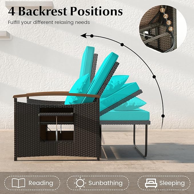 Moccha Outdoor Wicker Daybed, Patio Rattan Loveseat Sofa w/ 4-Level Adjustable Backrest, Folding Panels, Storage Ottoman & Cushions, Lounge Furniture Set for Poolside Backyard Porch (Turquoise)