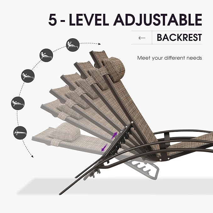 PURPLE LEAF Outdoor Chaise Lounge Chair Set of 3 Patio Pool Lounger Bronze Aluminum Chairs with Side Table Adjustable Tanning Recliner for Outside Backyard Yard Deck Balcony Beach Brown