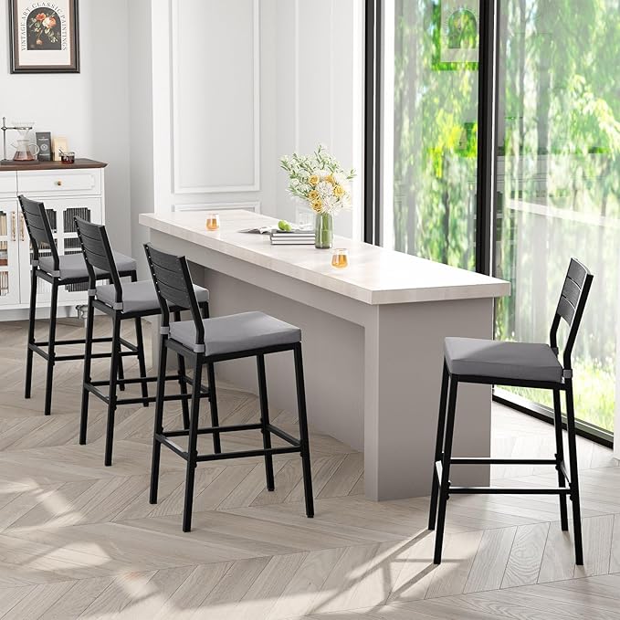 Crestlive Products Outdoor Bar Stools Set of 4, Patio Counter Height Barstools with Cushions, Tall Chairs with Back and Footrest for Deck, Lawn, Garden, Backyard, Poolside, Or Indoor Use (Light Gray)