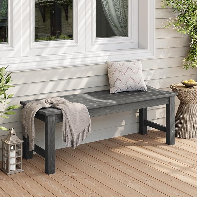 Stoog Outdoor Bench, 2-Person Outdoor Dining Bench, All-Weather HIPS Garden Bench for Patio, Backyard, Porch, and Entryway, Grey