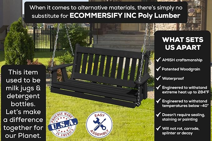 Poly Lumber Wood 4FT Mission Porch Swing Amish Craftsmandship Made in USA HDPE with No Wood fibers 1000 lbs Limit. Stainless Steel Hardware.Signature Design for Patio Outdoor Backyard Garden Park