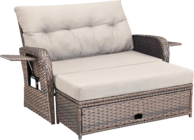 Belord Oversize Outdoor Daybed Set - Patio Recliner Loveseat with Storage Ottoman, Wicker Double Lounge Chair wth 5 Level Adjustable Backrest and 2 Retractable Table