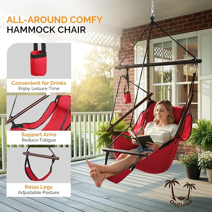 ONCLOUD Hammock Chair Hanging Swing Seat Air Deluxe Rope Through Beech Wood Bars, Drink Holder & Fuller Pillow Safer Relax for Indoor Outdoor 250Lbs, Red