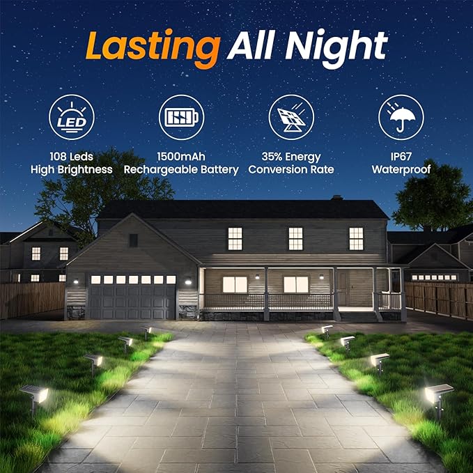 Fabrito Solar Spot Lights Outdoor 4 Pack, [108Leds, 4 Modes] Auto On/Off Spotlights, IP67 Waterproof Landscape Lights for Tree, Yard, Patio, Pool, Pathway, Driveway, Warm White