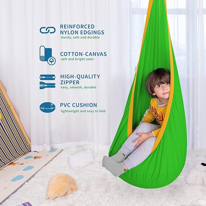 OUTREE Kids Pod Swing Seat, Cotton Child Hammock Swing Chair,Sensory Swing for Indoor and Outdoor Use,Green and Yellow