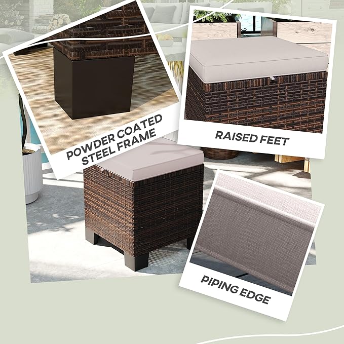 Outsunny 2 Pieces Outdoor Patio Ottomans, All Weather Wicker Outdoor Footstools with Removable Cushions, 3-in-1 PE Rattan Ottoman Seat, Footrest and Side Table for Backyard, Poolside, Cream White