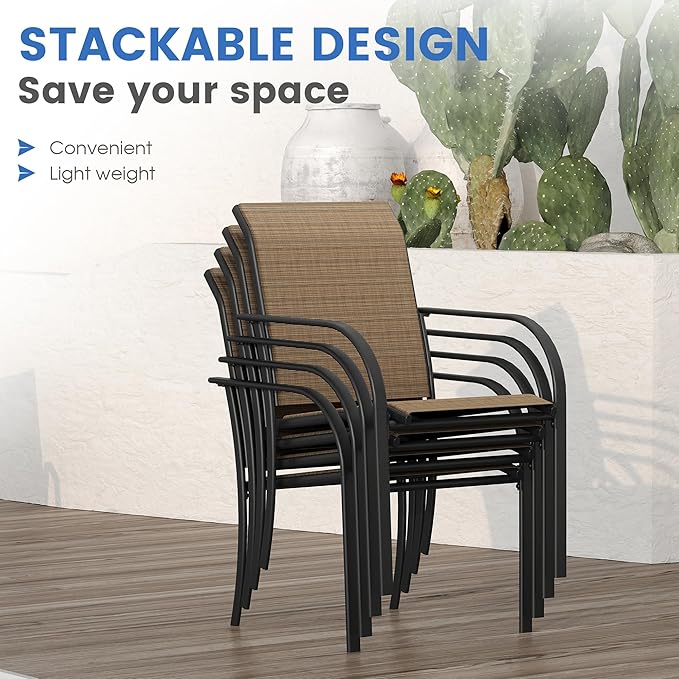 VICLLAX Patio Dining Set for 4, Outdoor Furniture Set Includes 1 Square Patio Table and 4 Stackable Patio Sling Chairs, Patio Table and Chairs for Outsides, Black Table and Brown Chairs