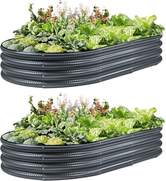 2 Pack Raised Garden Bed Kits, 4x2x1FT Gray Oval Galvanized Outdoor Planter Beds, Easy Assembly Metal Raised Bed for Vegetables, Flowers & Herbs