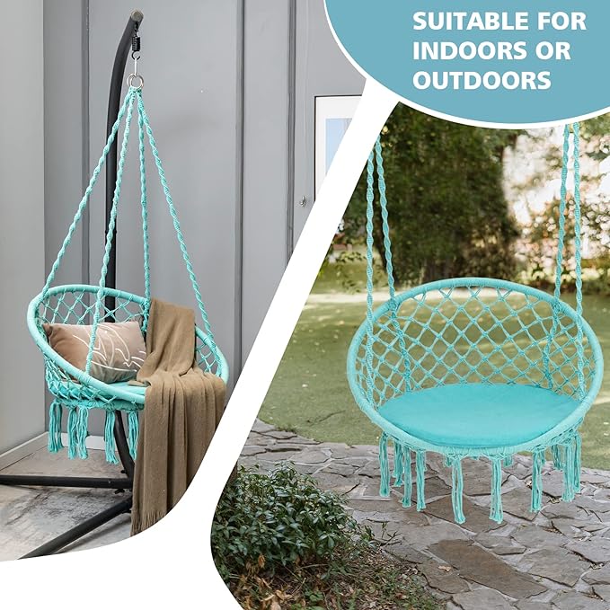 Giantex Hammock Chair Macrame Swing - Hanging with Cushion and Hardware Kit, 330 LBS Weight Capacity, Indoor for Stand, Patio, Balcony, Living Room (Turquoise) (GT10698-NPTU)