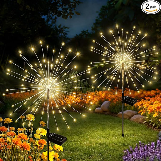 Solar Garden Lights Outdoor Decorative, 2pack 120 LED Firework Lights Waterproof，Solar Fairy Lights for Outside,Garden,Yard, Patio,Pathway,Flowerbed,Party(Warm White)