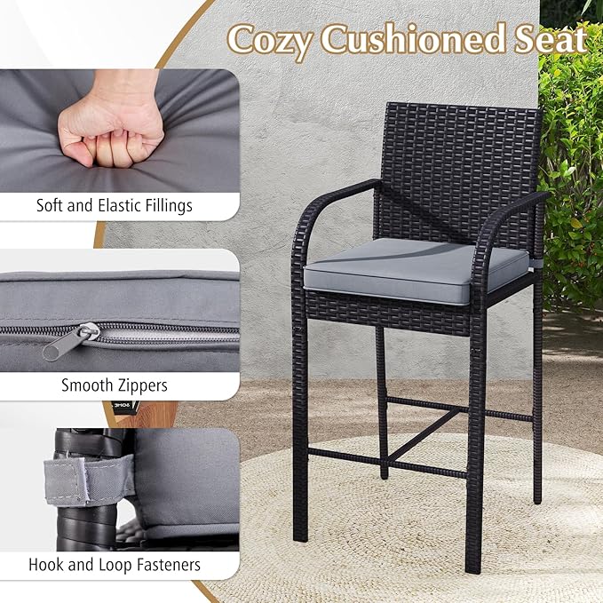 Tangkula 3 Piece Patio Wicker Bar Set, Outdoor Rattan Counter Height Cushioned Chairs & Square Table with Heavy-Duty Metal Frame, for Balcony, Backyard, Poolside