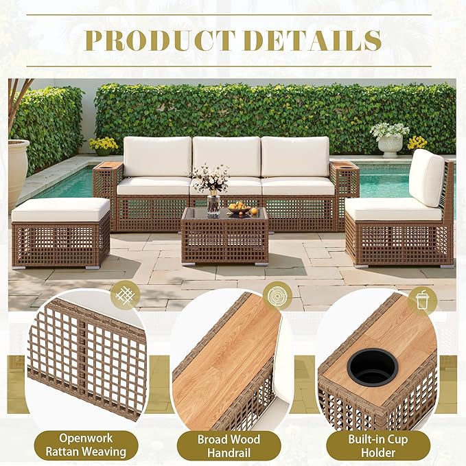 Devoko Patio Furniture Set 6 Piece Outdoor Sectional Sofa Hollow Rattan Patio Seating Sofa with Coffee Table & Ottoman for Deck, Porch, Poolside