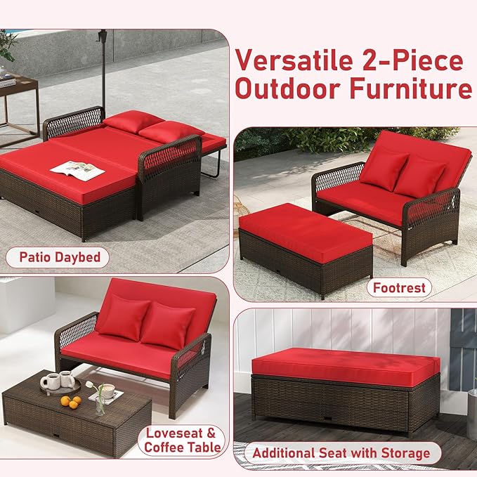 RELAX4LIFE Wicker Patio Outdoor Daybed - Rattan Sunbed Loveseat Sofa Set w/4-Level Adjustable Back, Cushions & Pillows, Storage Ottoman, 2-Person Bed Lounger for Backyard Porch, Patio Daybed (Red)