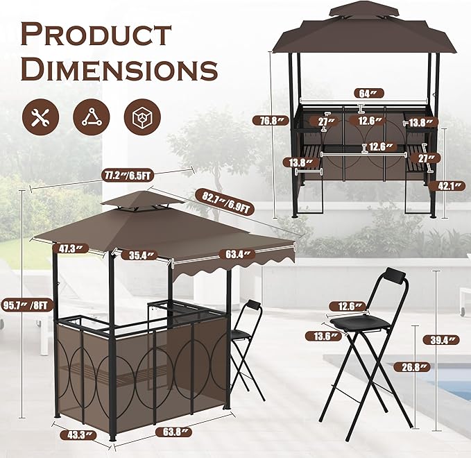 Grepatio 3 Piece Patio Bar Set with Canopy, Grill Gazebo with Bar Table and 2 Foldable Stools, Outdoor Bar Set with Storage Shelves, Extra Adjustable Shadow, Glass Holders for Garden Backyard