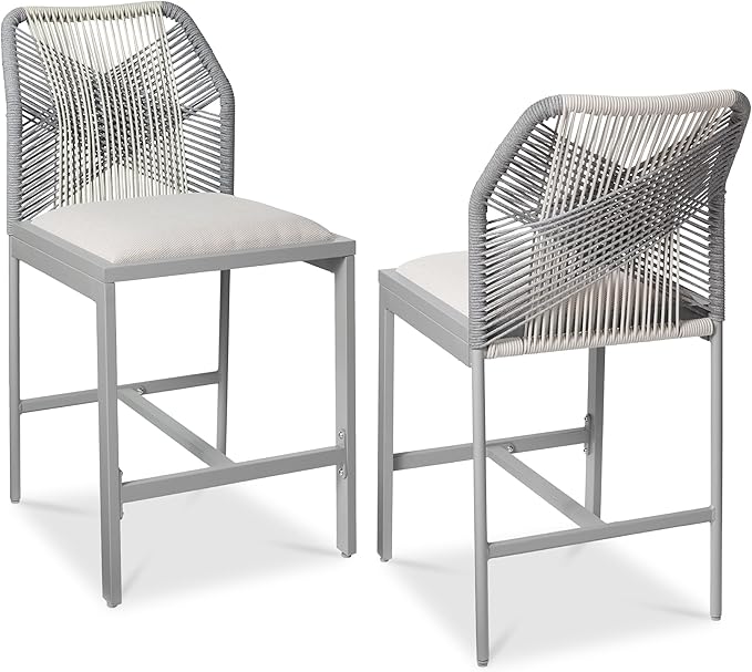 Best Choice Products Indoor Outdoor Counter Height Bar Stools Set of 2, Armless Kitchen Counter Stools w/Back and Footrest, Built-in Cushion, Aluminum Frame - Gray/Meteor