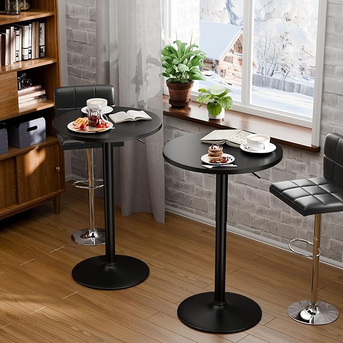 Flamaker Round Bistro Pub Table 23.6 Inch Height Adjustable 360° Swivel Bar Table Metal Base for Pub, Dining Room, Party (2, Full Black)