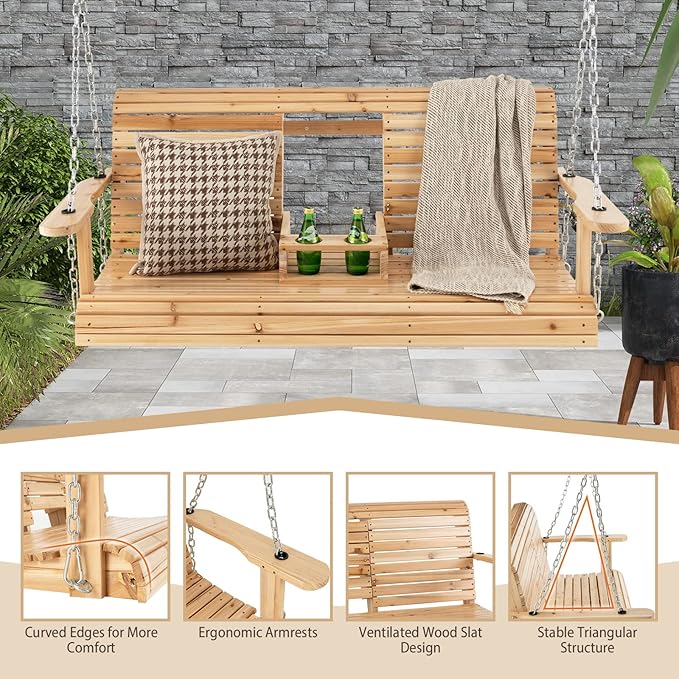 Tangkula 2 Person Hanging Porch Swing, Outdoor Bench Swing with Adjustable Chains, Foldable Cup Holders, High Back, Cozy Armrests, Wooden Hanging Swing Chair for Backyard Deck Garden Natural
