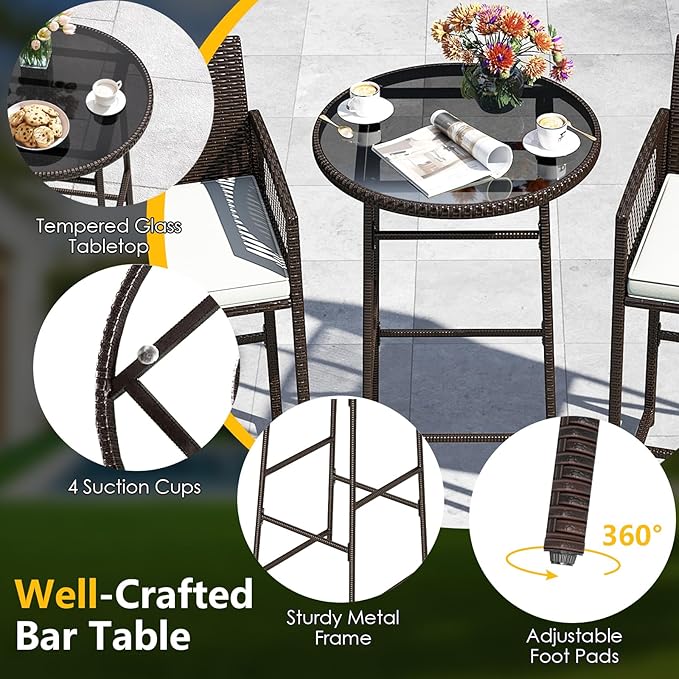 Tangkula 3 Piece Patio Bar Set, Outdoor Wicker Bar Height Glass Top Table & 2 Cushioned Bartools Heavy Duty, for Backyard, Poolside, Porch