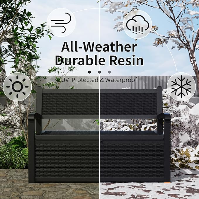 DRATO 75 Gallon Storage Bench Deck Box Outdoor Indoor,Lockable Durable All-Weather Seating with Hidden Storage,Deck Storage for Garden, Pool, Patio,Black