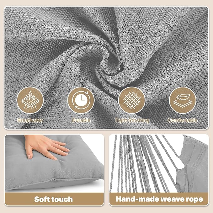 MoNiBloom Hammock Chair Hanging Rope Swing w/2 Cushions, Boho Macrame Hanging Chair Max 350 lbs Capacity w Pocket, Hardware Kit Included, Gray