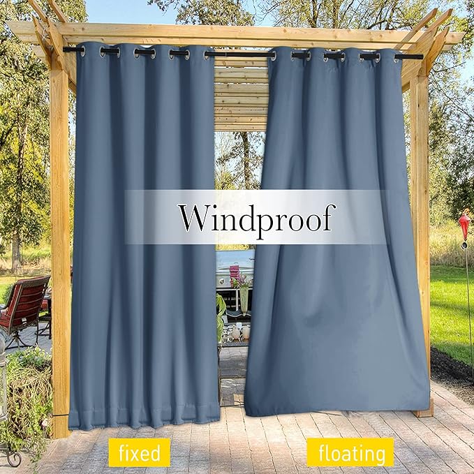NICETOWN 2 Panels Waterproof Outdoor Curtains Fixed Grommet & Back Tab on Top & Bottom, Thermal Insulated Keep Rain & Sun Out Privacy Windproof Outdoor Draperies with Rope, W52 x L72, Stone Blue
