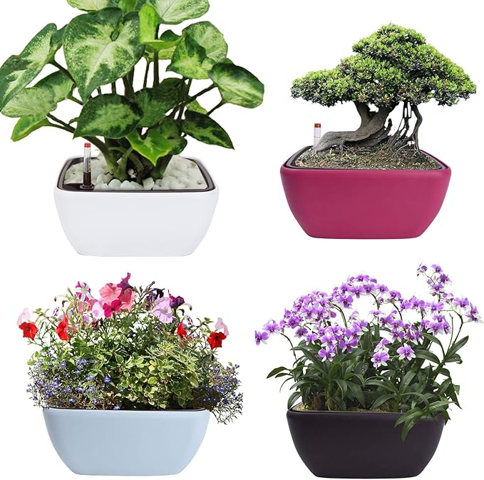 Vencer 10.8 Inch Plastic Square Self Watering Planter,Water Indicator,Ceramsite,Modern Decorative Planter Pot for All House Plants Flowers,Herbs,Vegetables,Tropical,Rose Red,VF-049R