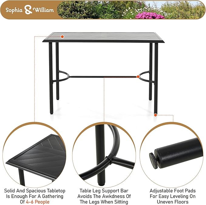 Sophia & William Patio Bar Set 5 Piece Outdoor High Dining Table and Chairs Set, 4 Swivel Bar Stools and 1 Rectangular Bar Height Table, All-Weather Metal Furniture Set with Red Cushion