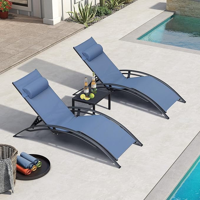 PURPLE LEAF Patio Chaise Lounge Set of 3 Outdoor Lounge Chair Beach Pool Sunbathing Lawn Lounger Recliner Outside Tanning Chairs with Arm for All Weather, Side Table Included, Indigo