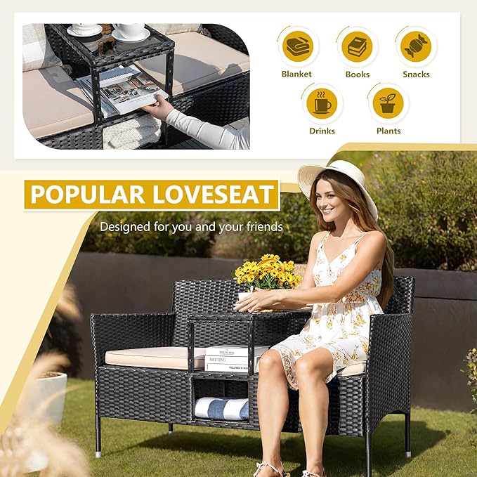 Devoko Outdoor Patio Loveseat Modern Rattan 2-Seat Patio Conversation Set with Cushions & Built-in Coffee Table Porch Furniture for Garden Lawn Backyard (Beige)